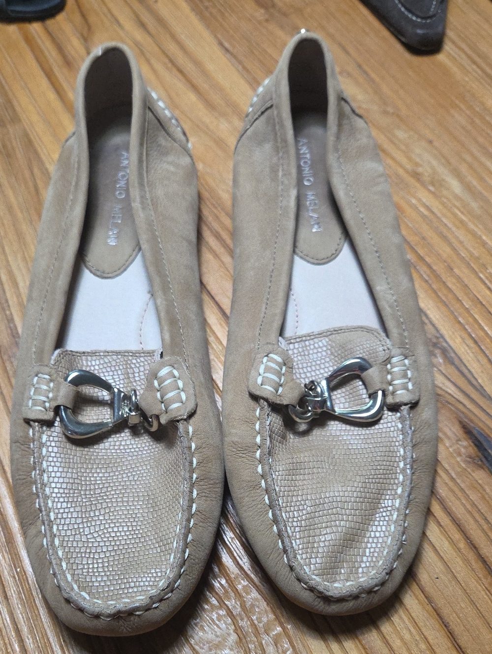 ANTONIO MELANI Beige/Tan Suede Loafers with Silver Bit